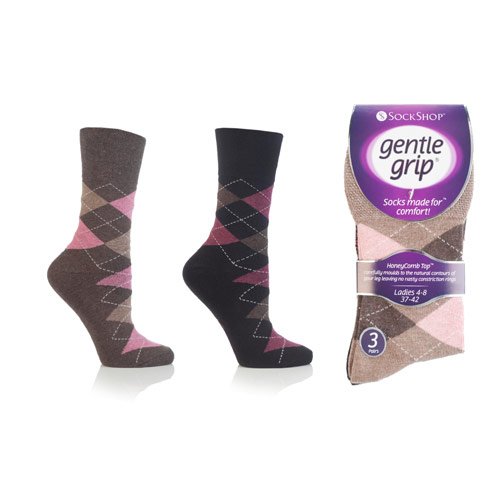 Womens-Non Elastic Soft Top Diabetic Cotton Socks 3 Pack -Dark-Argyle-Socks1-Hosierydirect