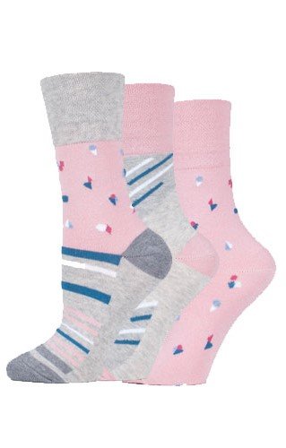 Womens-Non Elastic Soft Top Diabetic Cotton Socks 3 Pack -Pink-grey-petals3-Hosierydirect.jpg